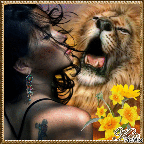 femme et lion ⛄🎄💝 - Gratis animeret GIF