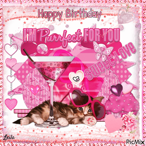 Happy Birthday. Im Purrfect for you.... Cat. Pink - Безплатен анимиран GIF
