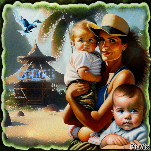 Strand, Frau und 2 Kinder und ein Vogel - Nemokamas animacinis gif