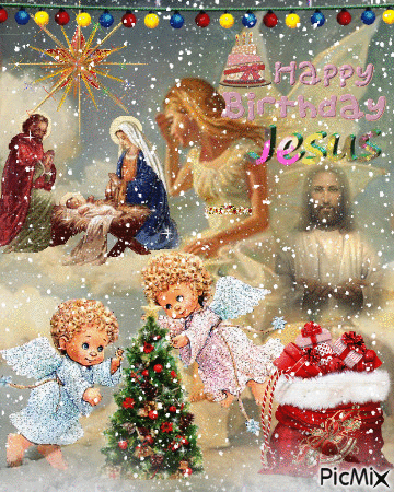 A MYSTICAL BIRTHDAY IN HEAVEN., WITH BABY JESUS, JESUS AS A MAN, ANGELS, A CHRISTMAS TREE, PRESENTS, A BIRTHDAY CAKE, HAPPY BIRTHDAY JESUS, AND PLENTY OF SNOW. - Nemokamas animacinis gif