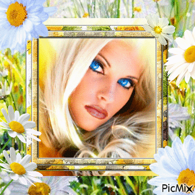 blue eye blonde with daisies - Free animated GIF