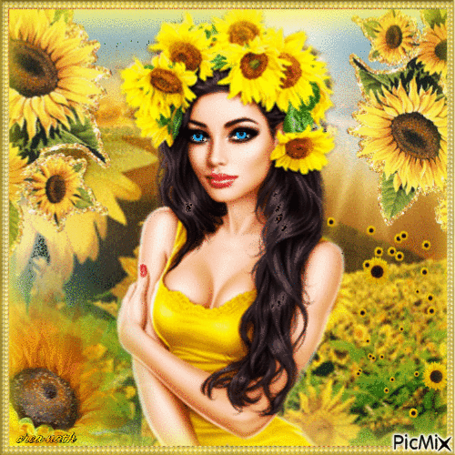 Brunette en jaune avec des fleurs jaunes / concours - 免费动画 GIF