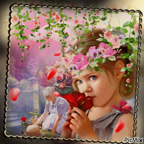 La petite fille et les fleurs - Darmowy animowany GIF