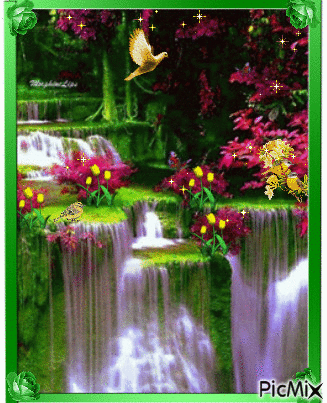 Rosegarden with waterfall. - GIF animado grátis