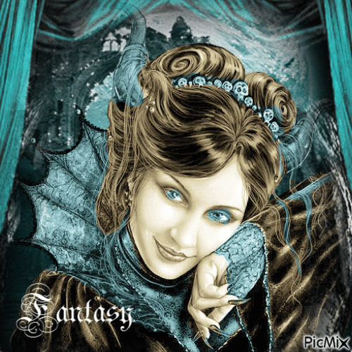 Portrait de femme fantasy en turquoise et bronze - Gratis animerad GIF