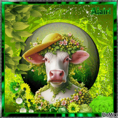 vache et couleurs vertes - GIF animé gratuit