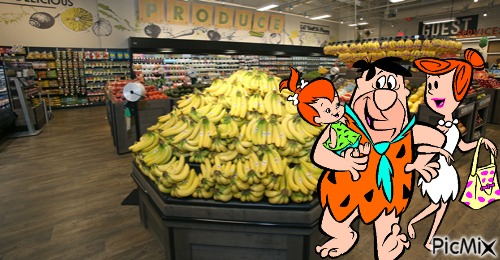Fred, Wilma and Pebbles at the fruitmarket - gratis png