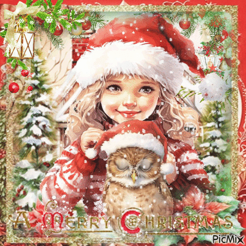 Christmas girl children owl - GIF animé gratuit