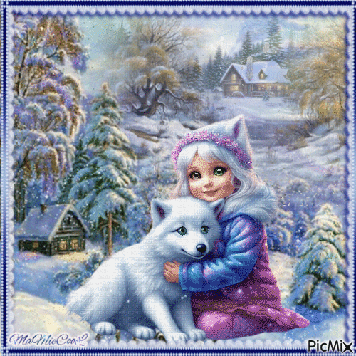 hiver fillette et son loulou blanc dans la neige - GIF animado gratis