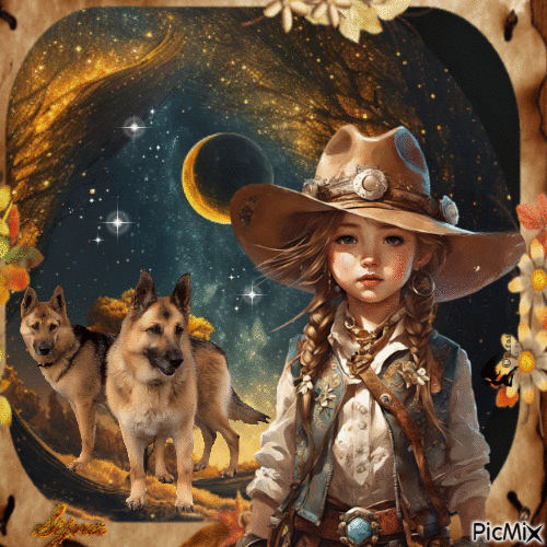 Portrait of a little girl with her dog - Free animated GIF