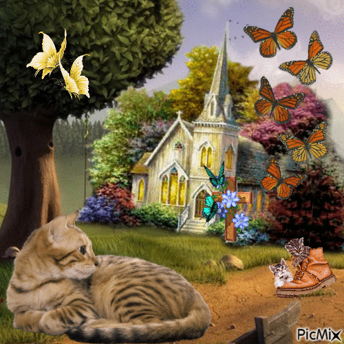 cats and butterflies hang by a church! - GIF animado gratis