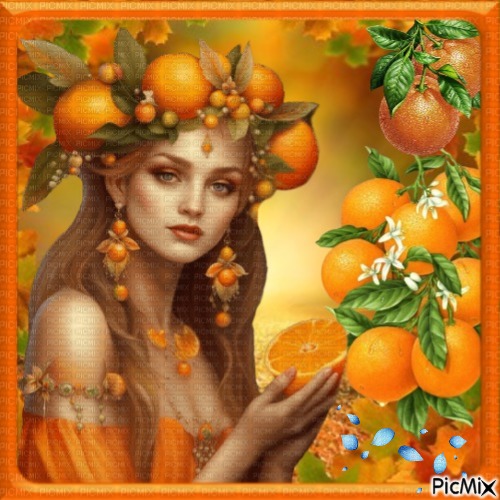 Femme avec des oranges et une touche de bleu. - бесплатно png