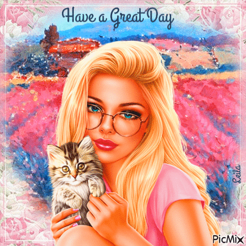 Have a Great Day. Girl and her cat - GIF เคลื่อนไหวฟรี