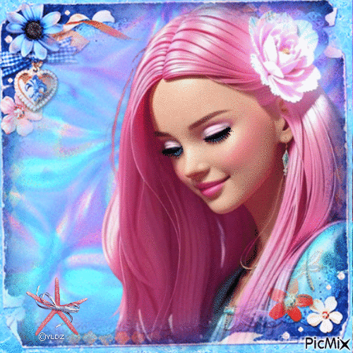 Floral women's creation in pink and blue tones - GIF animate gratis
