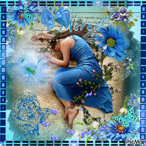 femme et fleurs en bleu - Безплатен анимиран GIF