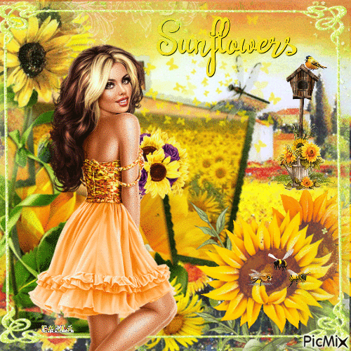 Woman with Sunflowers - Бесплатни анимирани ГИФ