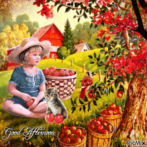 Good Afternoon Little Girl, Kitten and Apples - Animovaný GIF zadarmo
