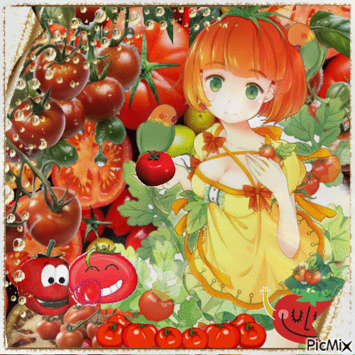 Manga-Mädchen und Tomaten - GIF animé gratuit