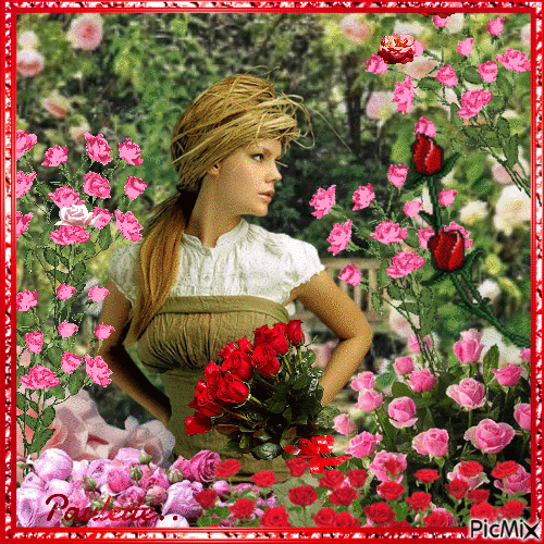 femme vintage dans les roses - Безплатен анимиран GIF