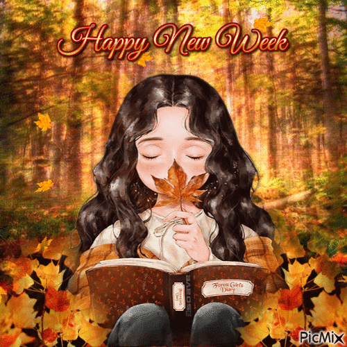 Happy New Week Autumn Girl with a Book - Бесплатный анимированный гифка