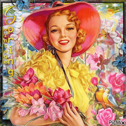 Spring vintage woman with a bouquet - Bright color - Free animated GIF