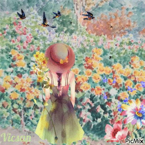La niña  y el jardín- acuarela - Free animated GIF