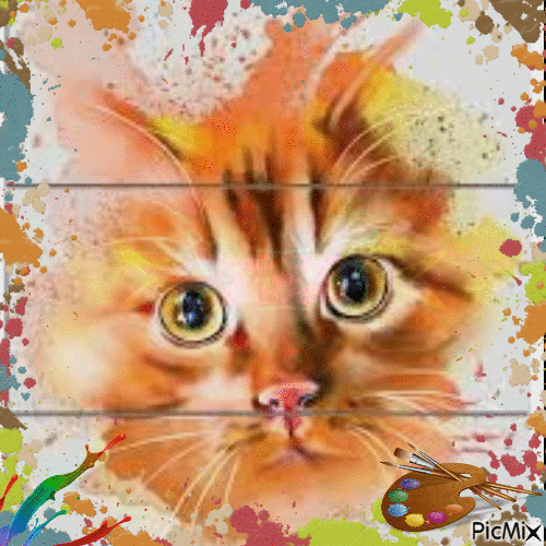 peinture chat aux yeux vert - GIF animé gratuit