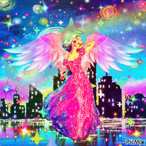 Rainbow Angel in a Big City - Gratis geanimeerde GIF