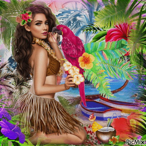 Mujer de verano tropical y un loro - Ilmainen animoitu GIF