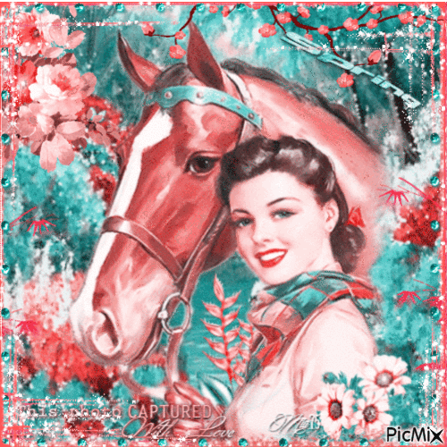 Woman and Her Horse at Spring - Бесплатный анимированный гифка