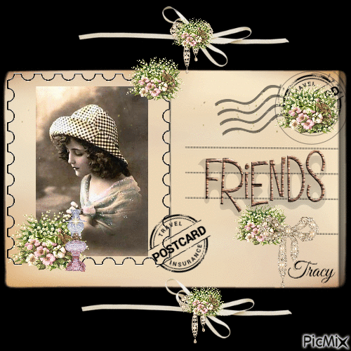 Postcard of a Victorian lady with flowers - Free animated GIF