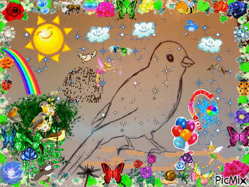 CANARI BLANC dessiné par GINO GIBILARO avec soleil,coeurs,fées,arc-en-ciel,papillons ... - GIF animé gratuit