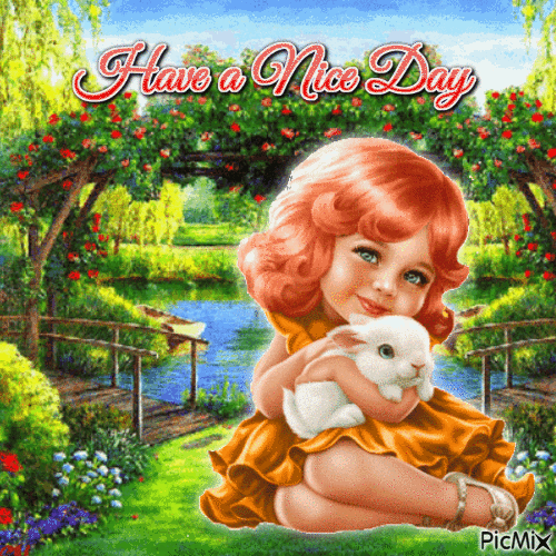 Have a Nice Day Little Girl with a Bunny - Ingyenes animált GIF