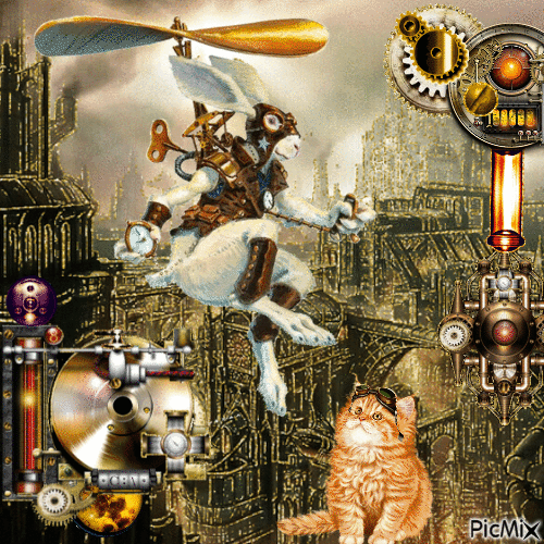 Steampunk Rabbit and Cat - Free animated GIF
