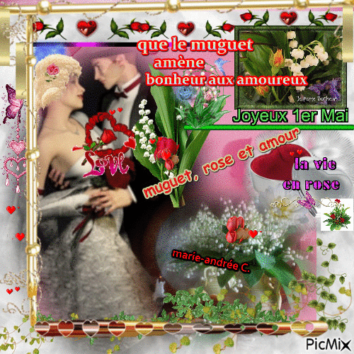 un couple § Amoureux - muguet,rose - Porte-bonheur - Que le muguet amène bonheur à tous les amoureux. - Animovaný GIF zadarmo