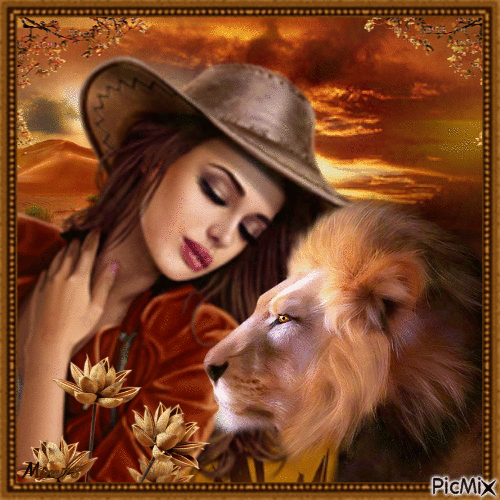 portrait de femme avec un lion - Animovaný GIF zadarmo