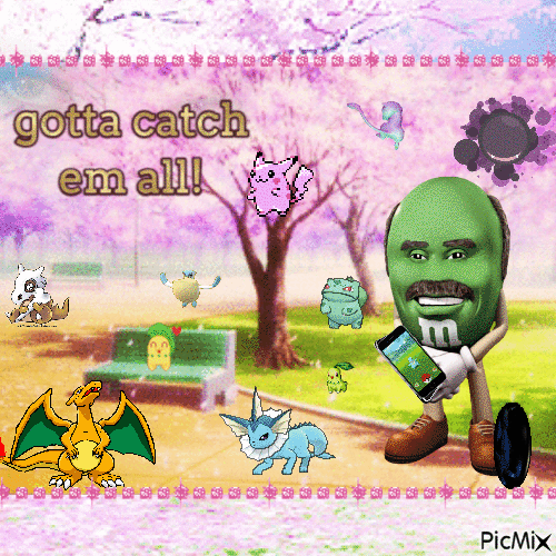Green Dr. Phil M&M plays pokemon go in a park - GIF animé gratuit