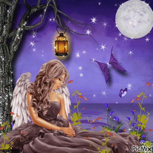Woman-angels-purple-night - Ilmainen animoitu GIF