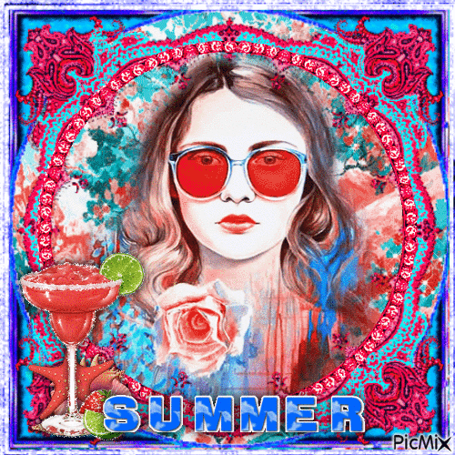summer woman - blue and red - Animovaný GIF zadarmo