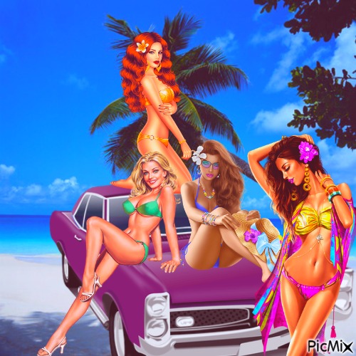 Cute Summer women and sports car - zdarma png