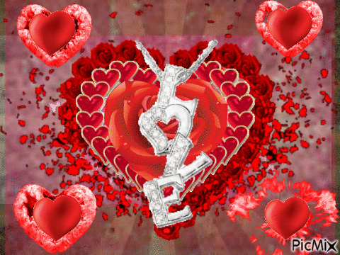 LOTS OF RED HEARTS FLASHING AND A SILVER I LOVE YOU. - GIF animate gratis