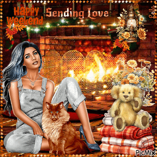 Happy Weekend. Sending Love. Fireplace, woman, cat - GIF animado grátis