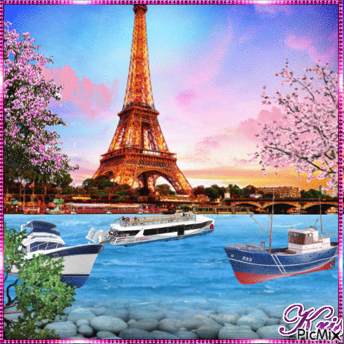 La tour Eiffel, la Seine et le bateau - GIF เคลื่อนไหวฟรี