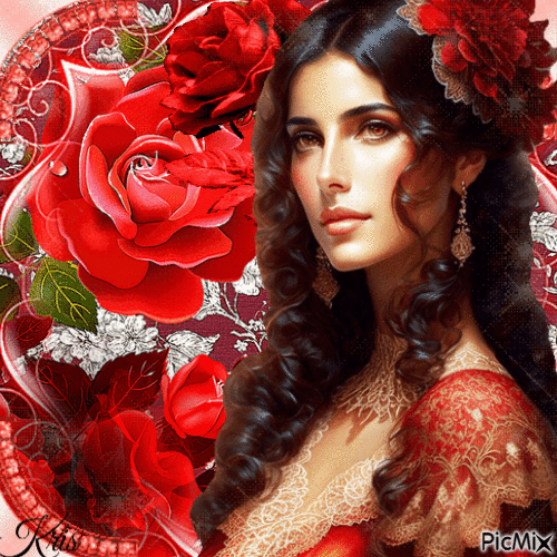Portrait de femme et roses rouges - Gratis geanimeerde GIF