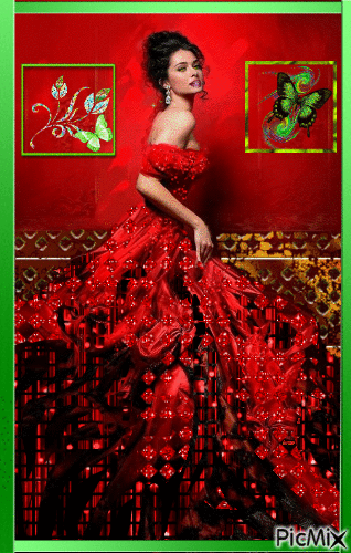 Retrato de mujer elegante en rojo y verde. - 免费动画 GIF