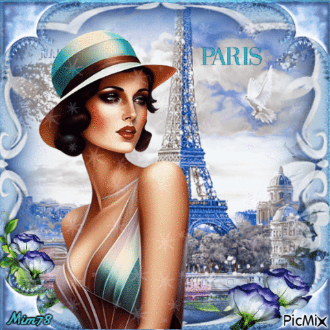 Femme vintage à Paris - Fond bleu - GIF animé gratuit