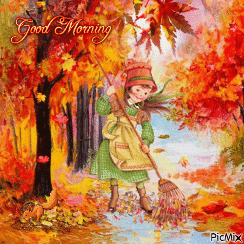 Good Morning Autumn Girl Cleaning Leaves - Бесплатный анимированный гифка