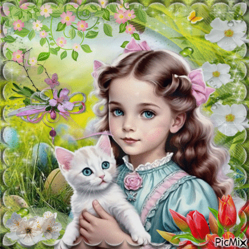 Petite fille avec un chat blanc - 無料のアニメーション GIF
