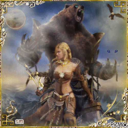 mujer guerrera y un oso!!! - 無料のアニメーション GIF