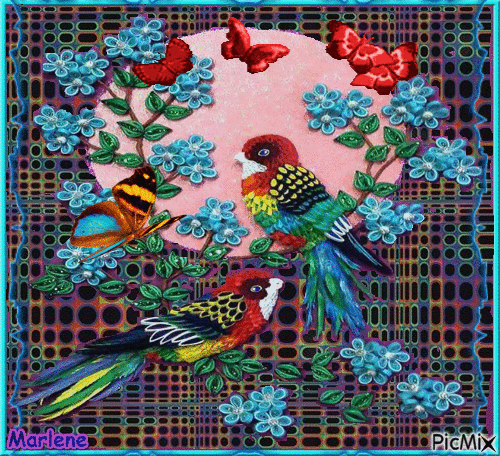 papillons des oiseaux fleurs - Бесплатный анимированный гифка